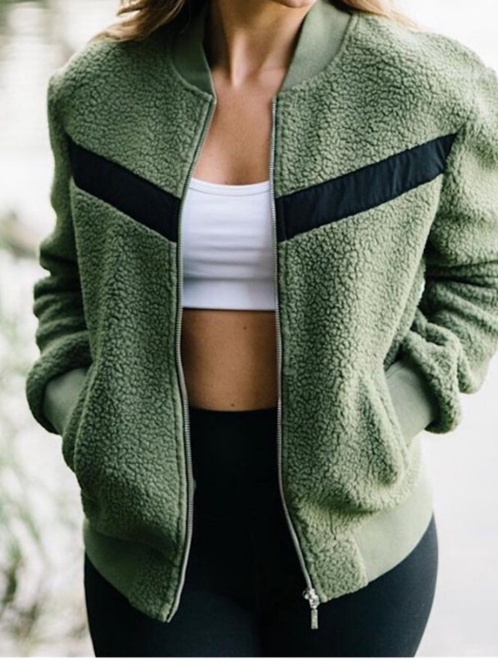 ZYIA olive green and black "Flying V" shearling fleece Jacket Medium